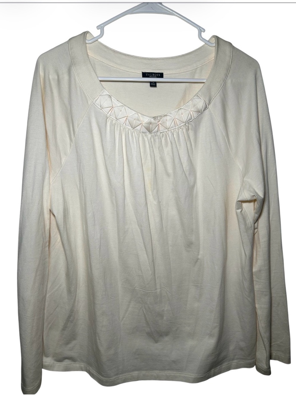 Talbots Cream Long-Sleeve Embroidered Scoop Neck Top Casual Chic Office Business